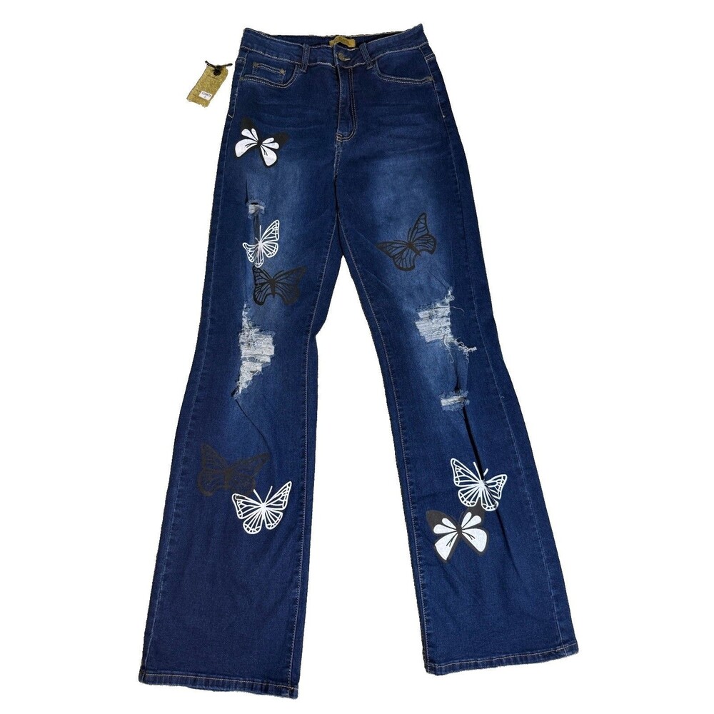 NWT Vinizbena Dark Wash Distressed Butterfly Print Hi-Rise Jeans Boot Cut Large